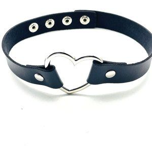 Faux Leather Collar Necklace Open Heart Charm Silver Tone Love Punk Rocker Goth